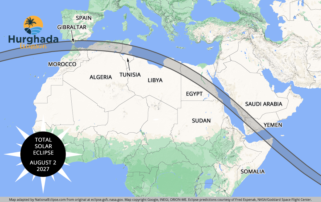 2027 solar eclipse path map across Spain, North Africa, Egypt and Arabia