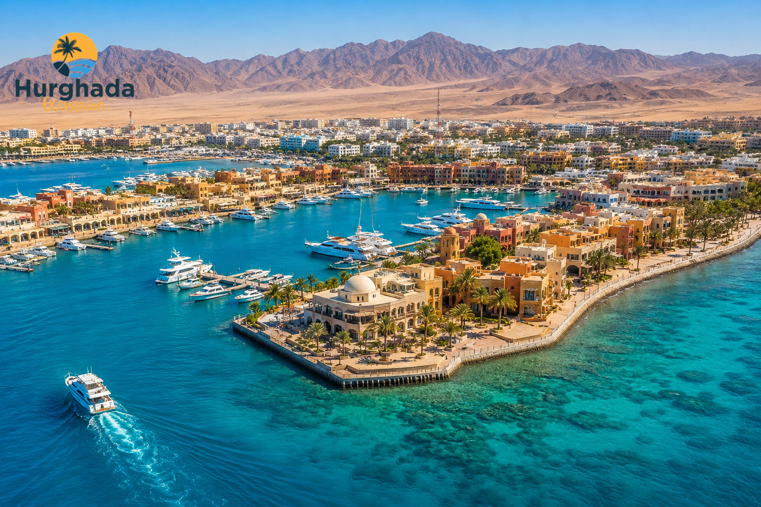 Aerial view of Hurghada marina, turquoise Red Sea and desert mountains