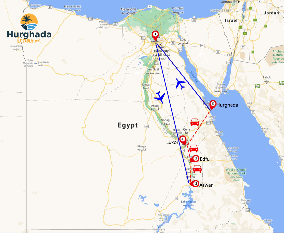 Map of the route from Hurghada to Luxor along the Nile River