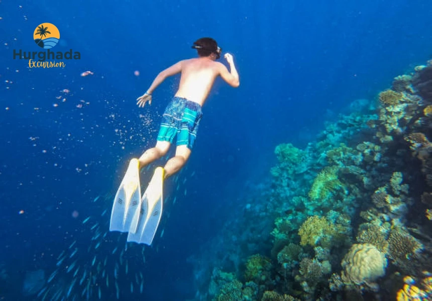Plongeur en snorkeling au-dessus d'un récif corallien à Mahmya