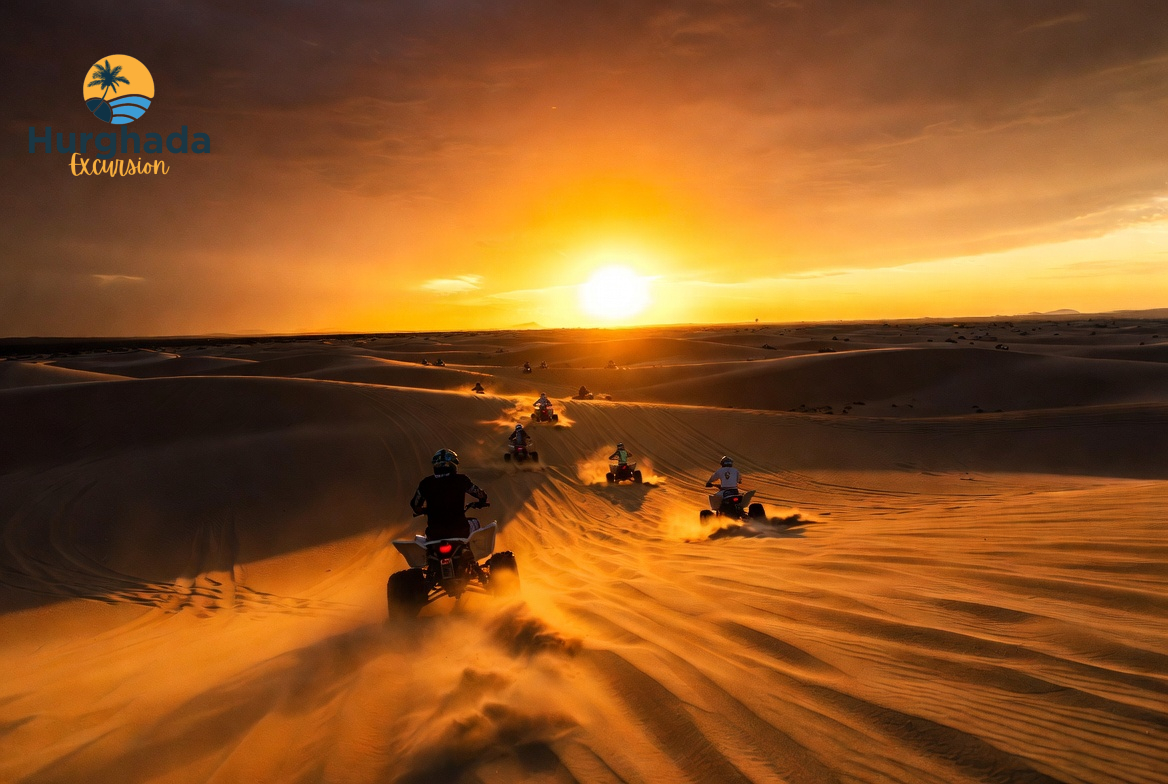 Quad Bikes Racing Across Golden Desert Dunes at Sunset